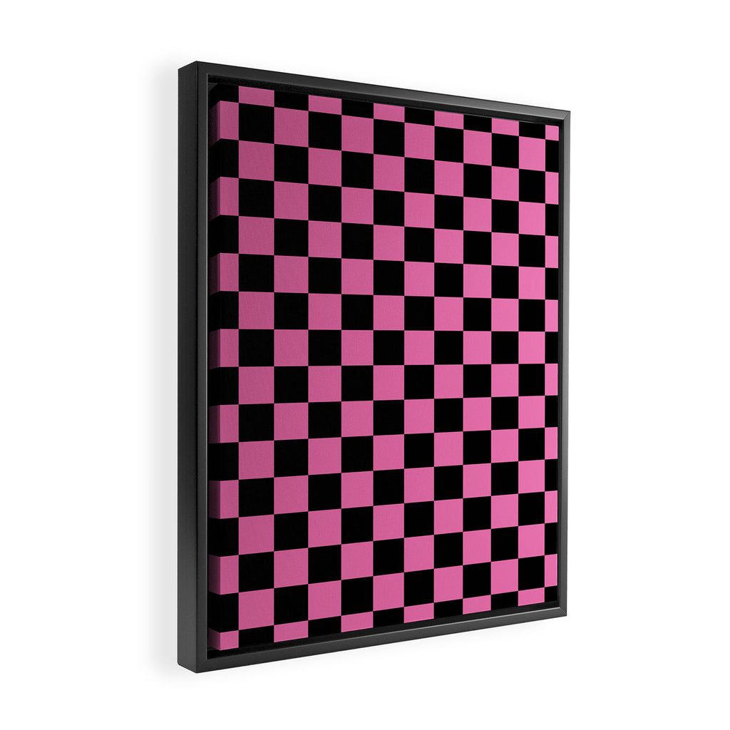 Checkered Checked Check Retro Pattern in Hot Pink and Black Framed Canvas Print Gallery Image 2