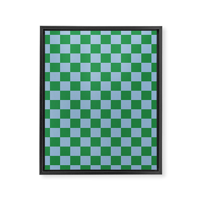 Checkered Checkerboard Check Pattern in Green and Light Blue Framed Canvas Print Gallery Image 1