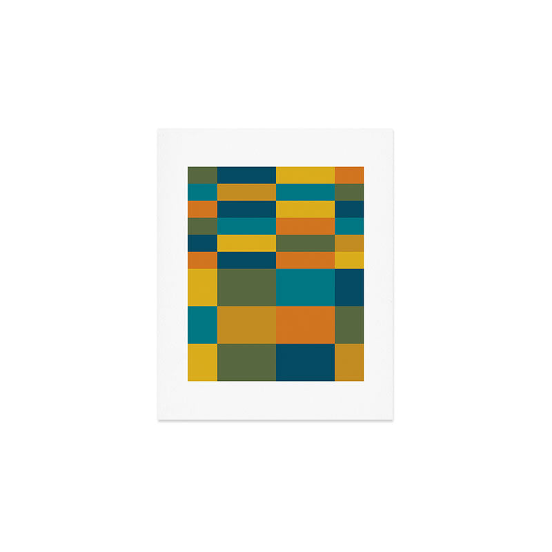 Checkered Multi Check Variable Checked Pattern in Moroccan Blue Olive Teal Mustard Orange Art Print Gallery Image 1