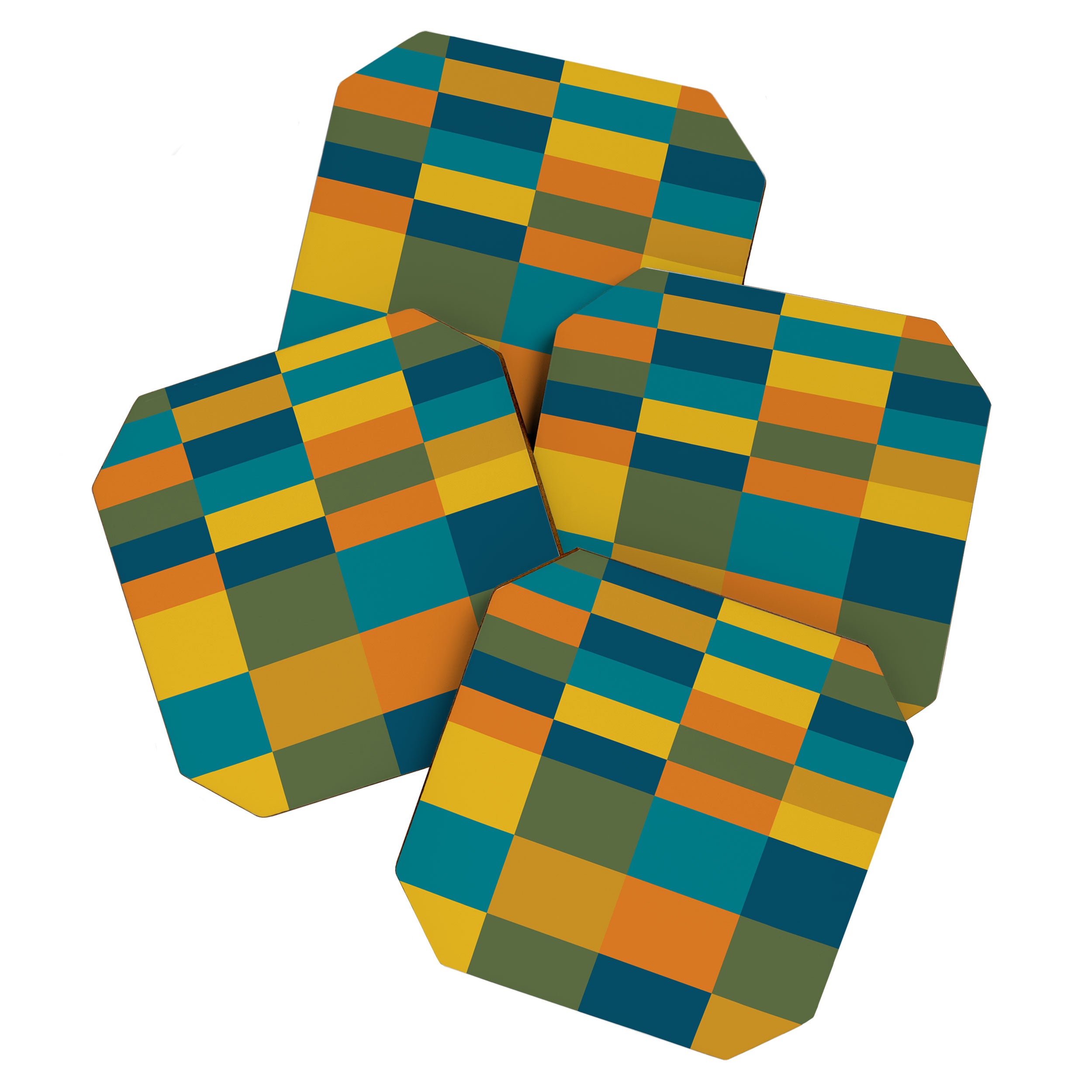 Checkered Multi Check Variable Checked Pattern in Moroccan Blue Olive Teal Mustard Orange Coaster Gallery Image 1