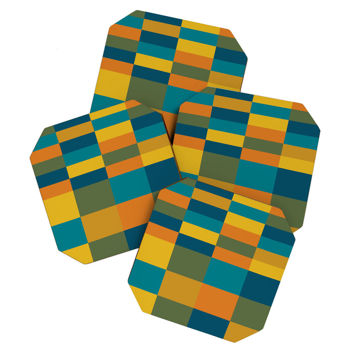 Checkered Multi Check Variable Checked Pattern in Moroccan Blue Olive Teal Mustard Orange Coaster Gallery Image 1