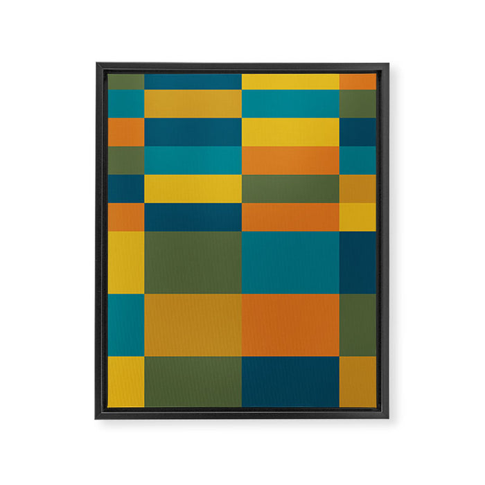 Checkered Multi Check Variable Checked Pattern in Moroccan Blue Olive Teal Mustard Orange Framed Canvas Print Gallery Image 1