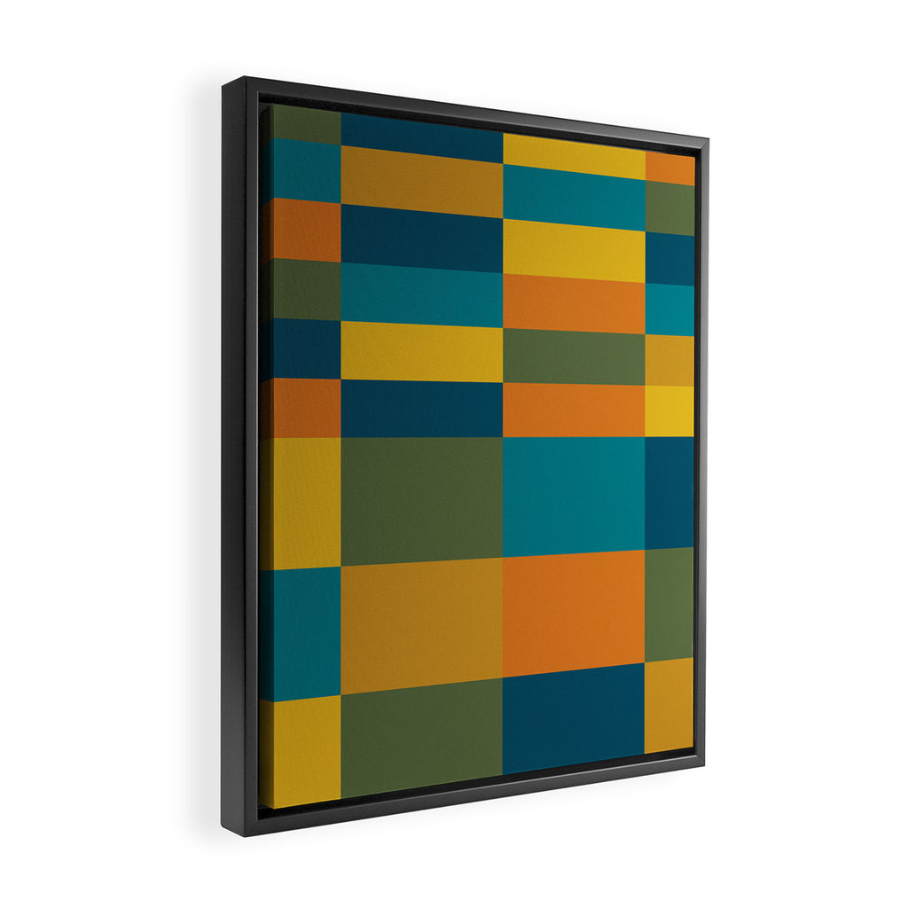 Checkered Multi Check Variable Checked Pattern in Moroccan Blue Olive Teal Mustard Orange Framed Canvas Print Gallery Image 2