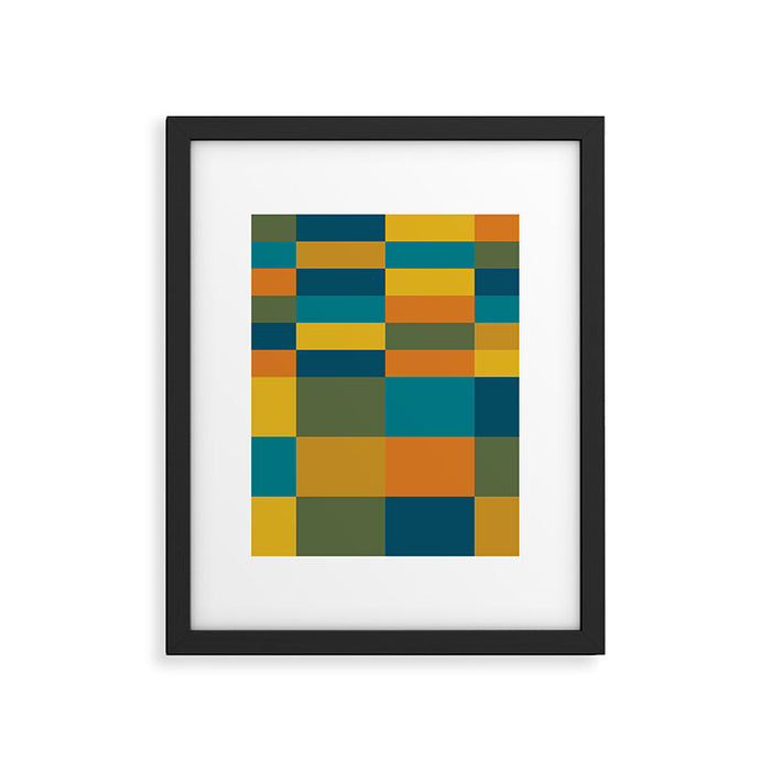Checkered Multi Check Variable Checked Pattern in Moroccan Blue Olive Teal Mustard Orange Framed Art Print Gallery Image 1