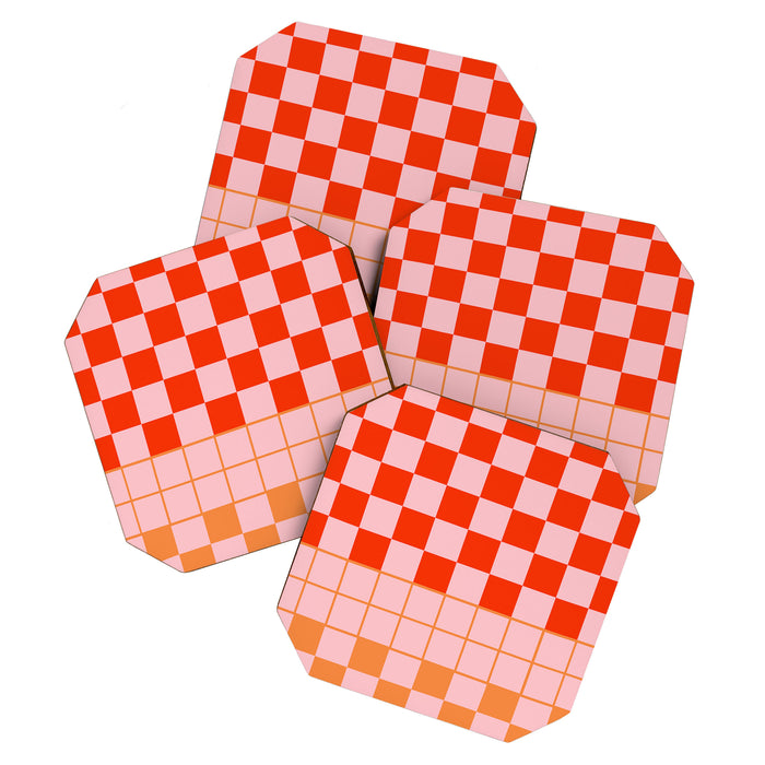 Checkered Triplet Mixed Check Pattern in Orange and Pink Tones Coaster Gallery Image 1