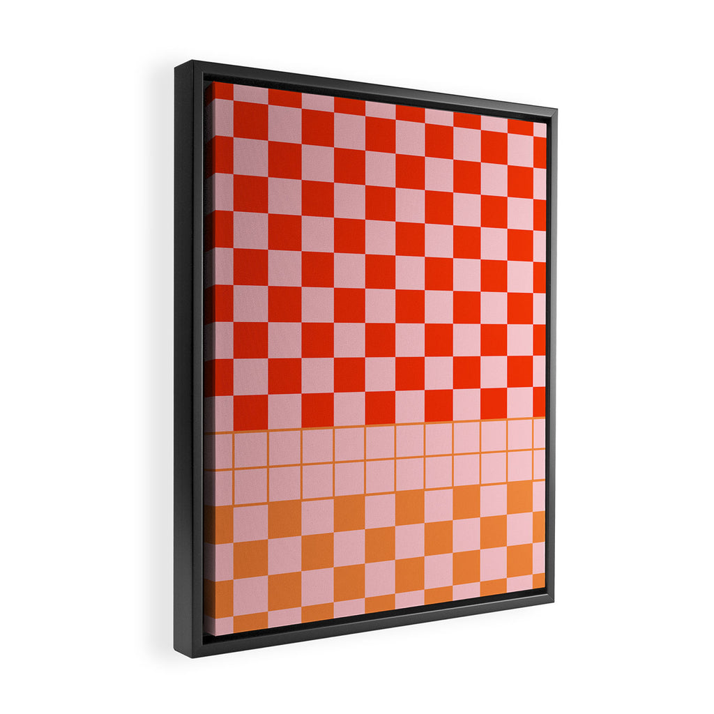 Checkered Triplet Mixed Check Pattern in Orange and Pink Tones Framed Canvas Print Gallery Image 2