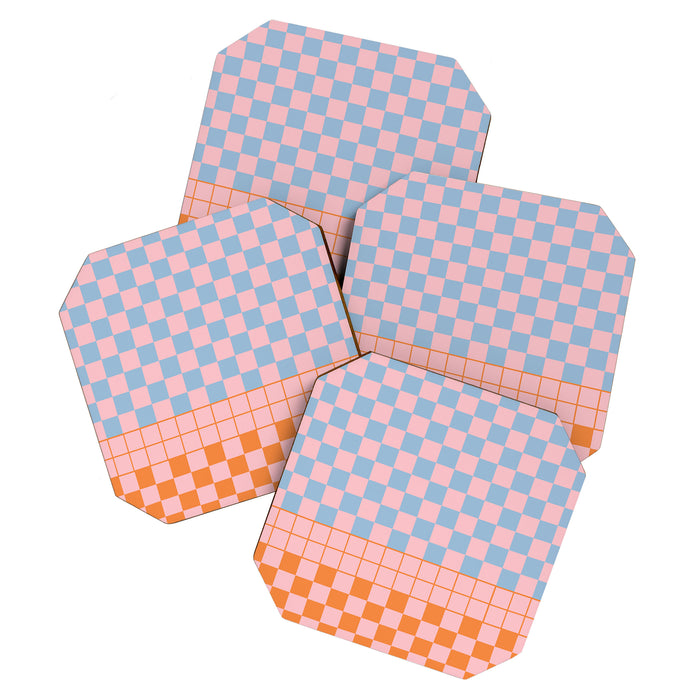 Checkered Triplet Mixed Check Pattern in Pastel Pink and Light Orange Coaster Gallery Image 1