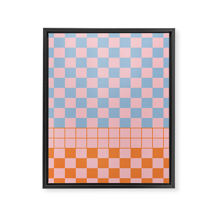 Checkered Triplet Mixed Check Pattern in Pastel Pink and Light Orange Framed Canvas Print Gallery Image 1