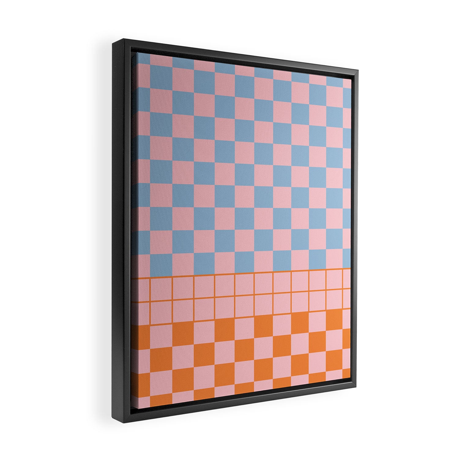 Checkered Triplet Mixed Check Pattern in Pastel Pink and Light Orange Framed Canvas Print Gallery Image 2