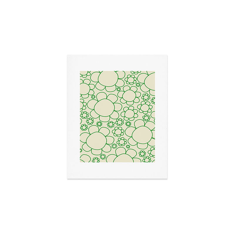Cheerful Doodle Flowers Green and Cream Pattern Art Print Gallery Image 1