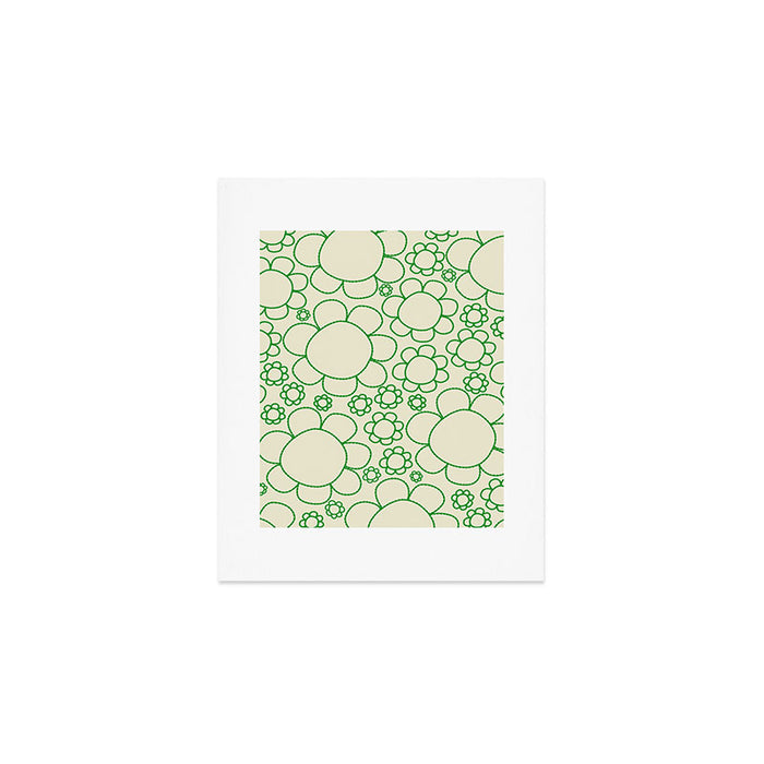 Cheerful Doodle Flowers Green and Cream Pattern Art Print Gallery Image 1