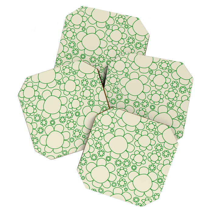 Cheerful Doodle Flowers Green and Cream Pattern Coaster Gallery Image 1