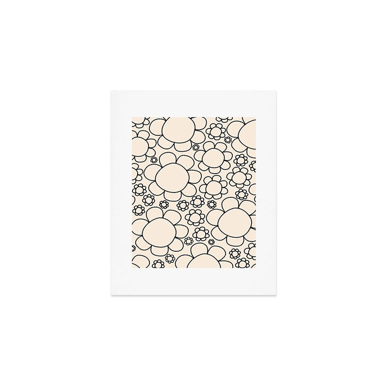 Cheerful Doodle Flowers Pattern in Black and Almond Cream Art Print Gallery Image 1
