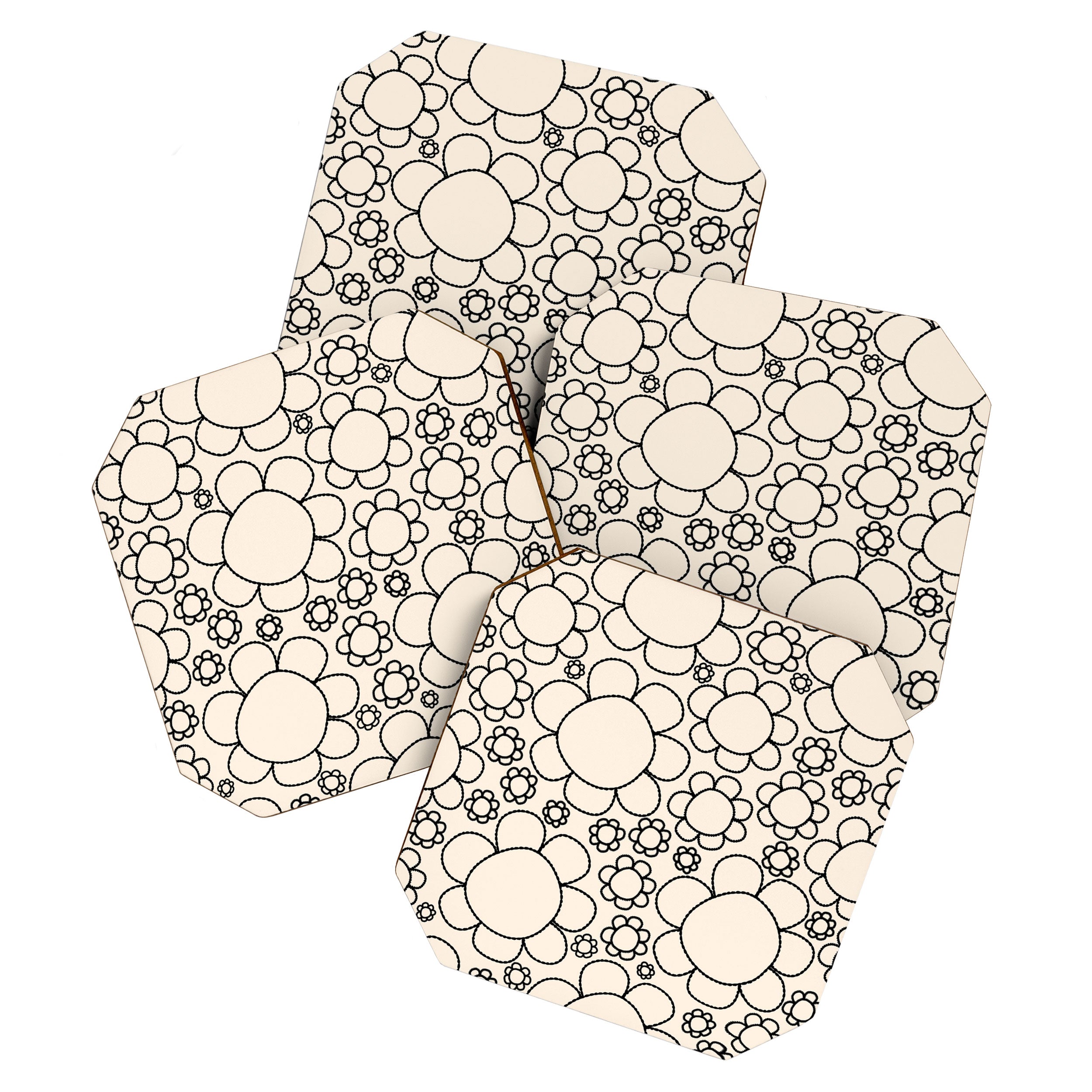 Cheerful Doodle Flowers Pattern in Black and Almond Cream Coaster Gallery Image 1