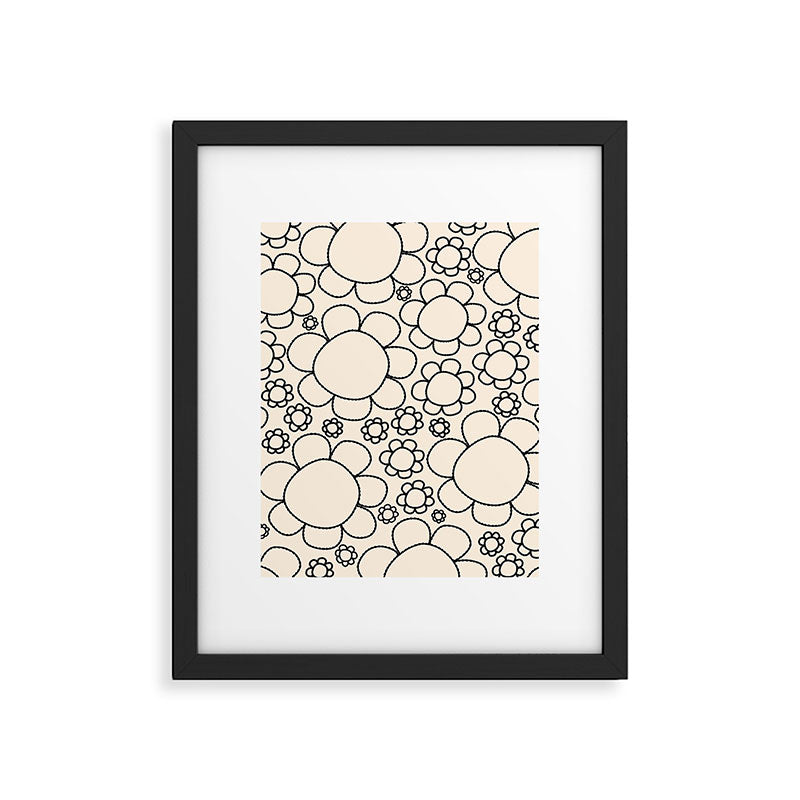 Cheerful Doodle Flowers Pattern in Black and Almond Cream Framed Art Print Gallery Image 6