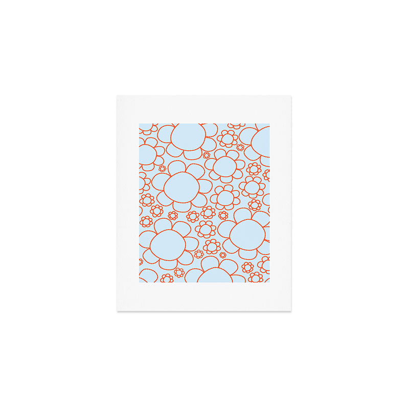 Cheerful Doodle Flowers Pattern in Ice Blue and Orange Art Print Gallery Image 1