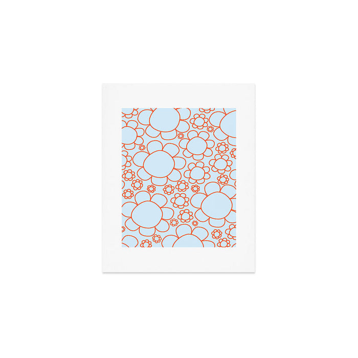 Cheerful Doodle Flowers Pattern in Ice Blue and Orange Art Print Gallery Image 1