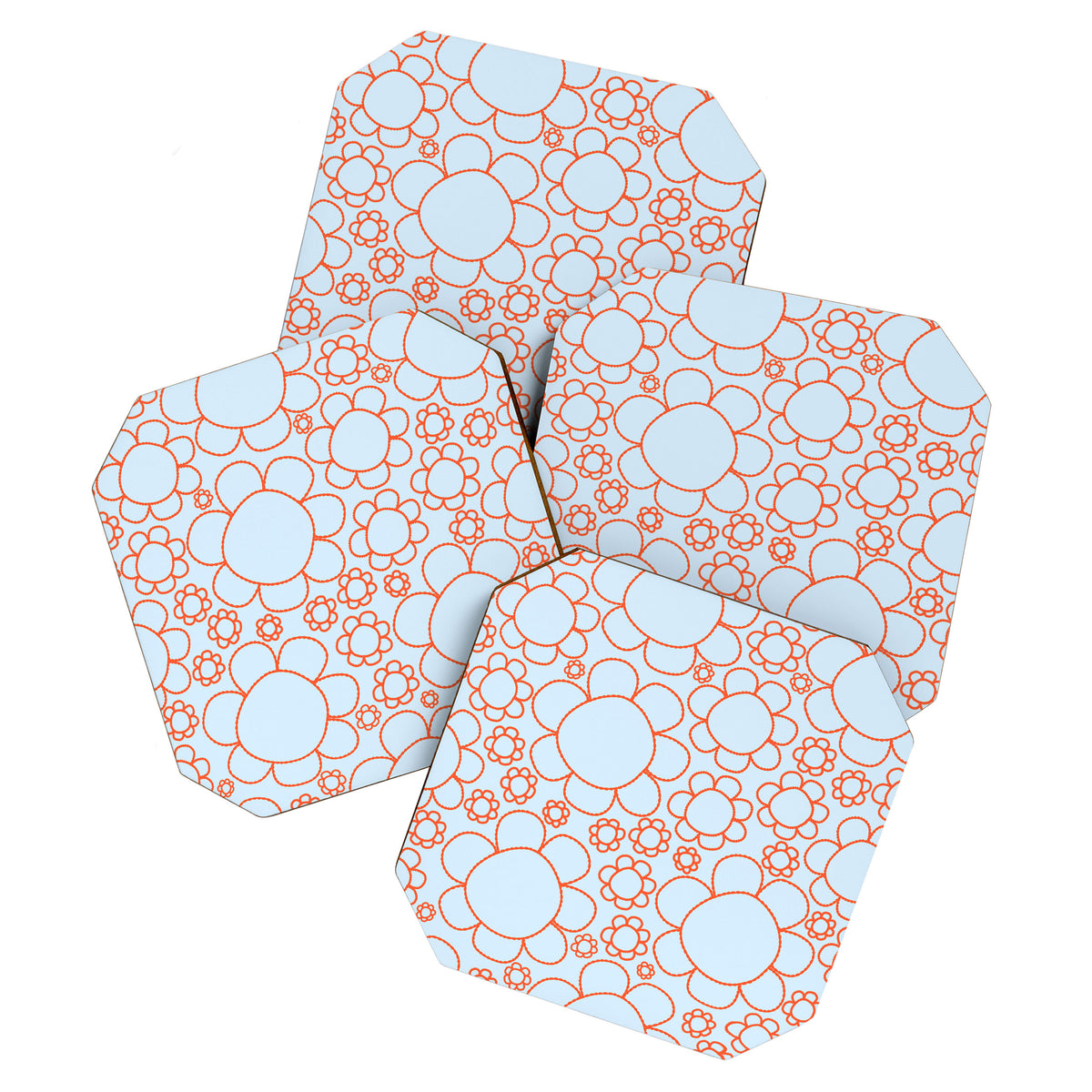 Cheerful Doodle Flowers Pattern in Ice Blue and Orange Coaster Gallery Image 1