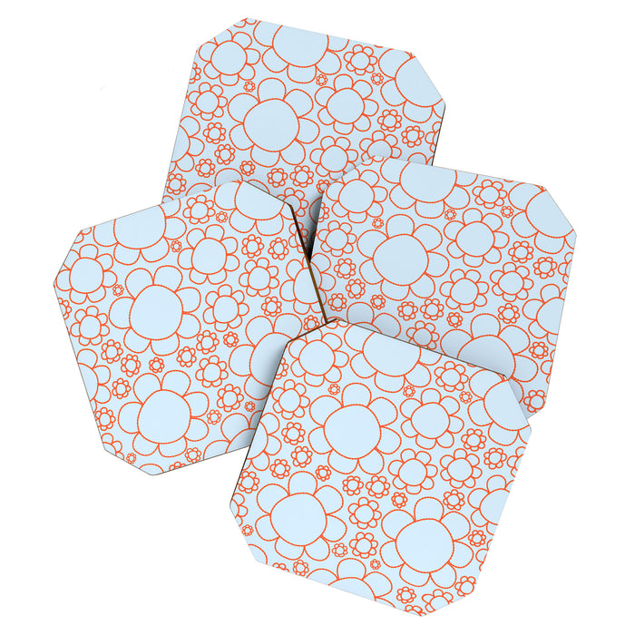 Cheerful Doodle Flowers Pattern in Ice Blue and Orange Coaster Gallery Image 1