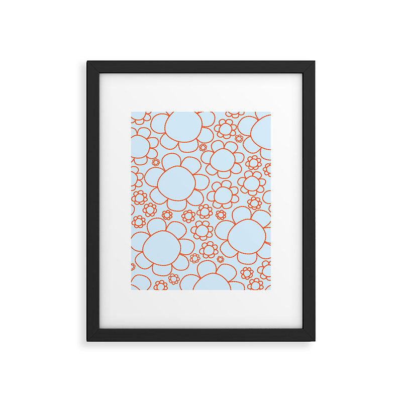 Cheerful Doodle Flowers Pattern in Ice Blue and Orange Framed Art Print Gallery Image 6