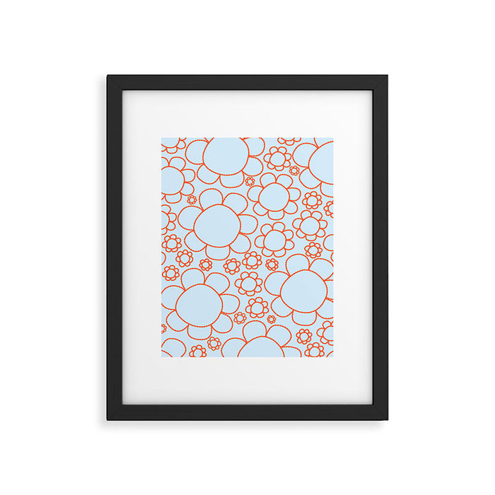 Cheerful Doodle Flowers Pattern in Ice Blue and Orange Framed Art Print Gallery Image 1