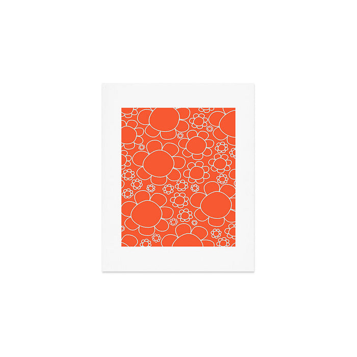 Cheerful Doodle Flowers Pattern in Orange and Ice Blue Art Print Gallery Image 1