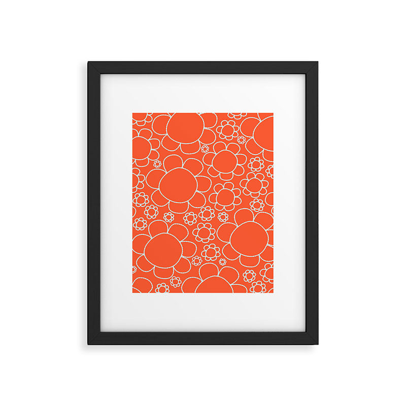 Cheerful Doodle Flowers Pattern in Orange and Ice Blue Framed Art Print Gallery Image 6