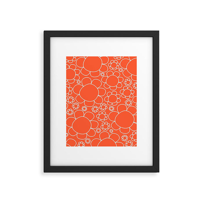 Cheerful Doodle Flowers Pattern in Orange and Ice Blue Framed Art Print Gallery Image 1