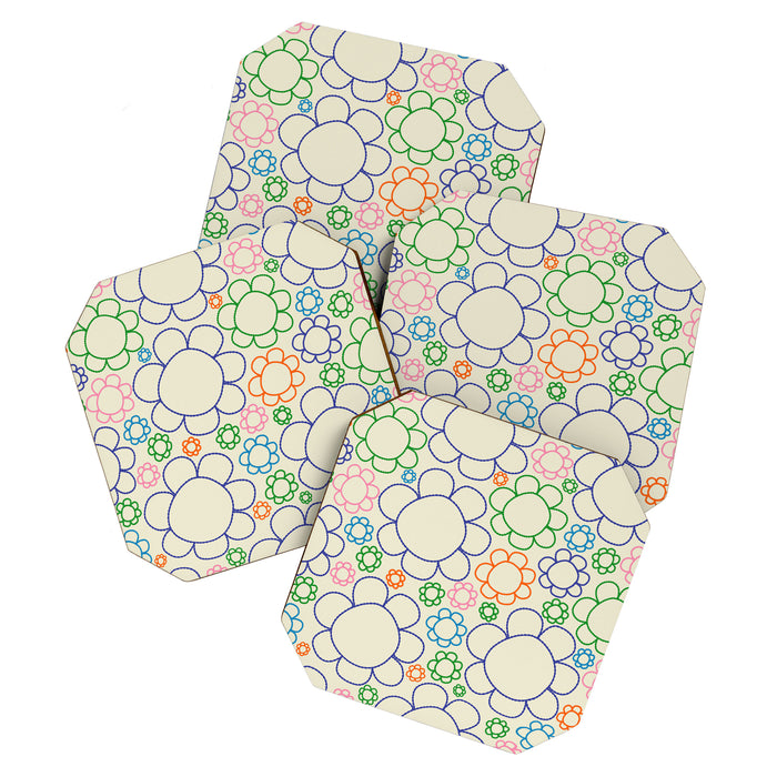 Cheerful Doodle Flowers Retro Floral Pattern Coaster Gallery Image 1
