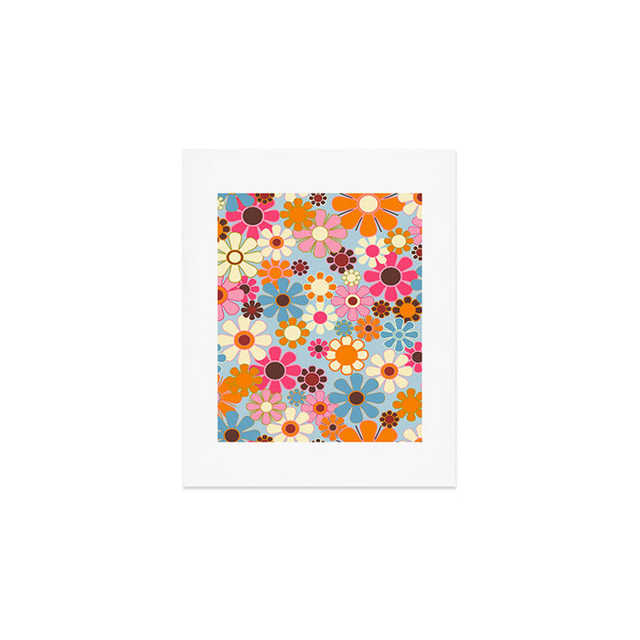 Cheerful Floral Retro Garden 60s 70s Pattern in Ice Blue Orange Pink Art Print Gallery Image 1