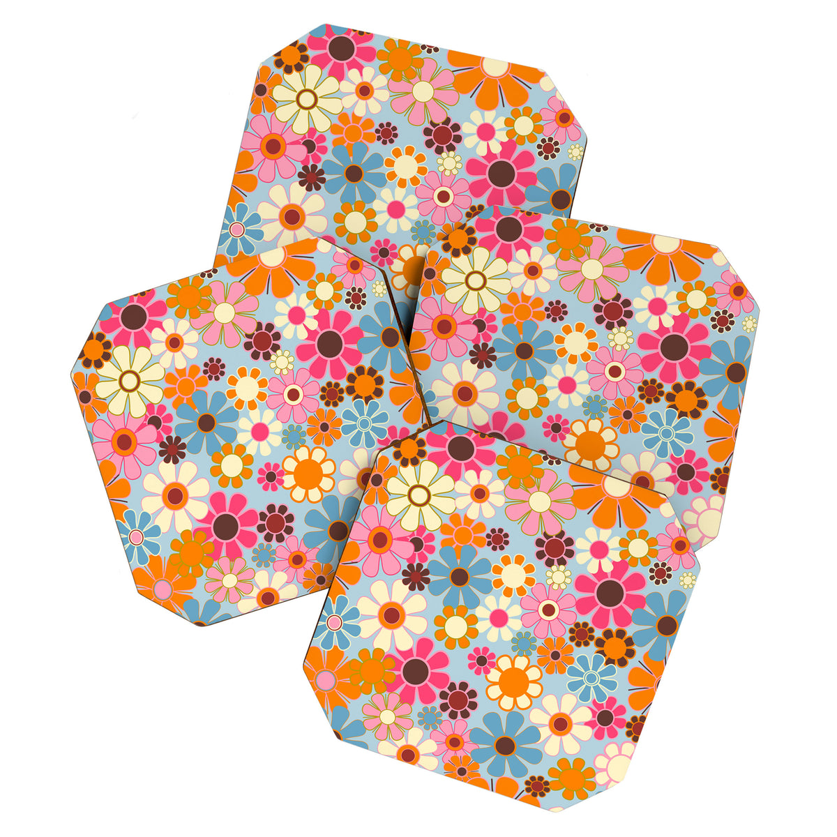 Cheerful Floral Retro Garden 60s 70s Pattern in Ice Blue Orange Pink Coaster Gallery Image 1