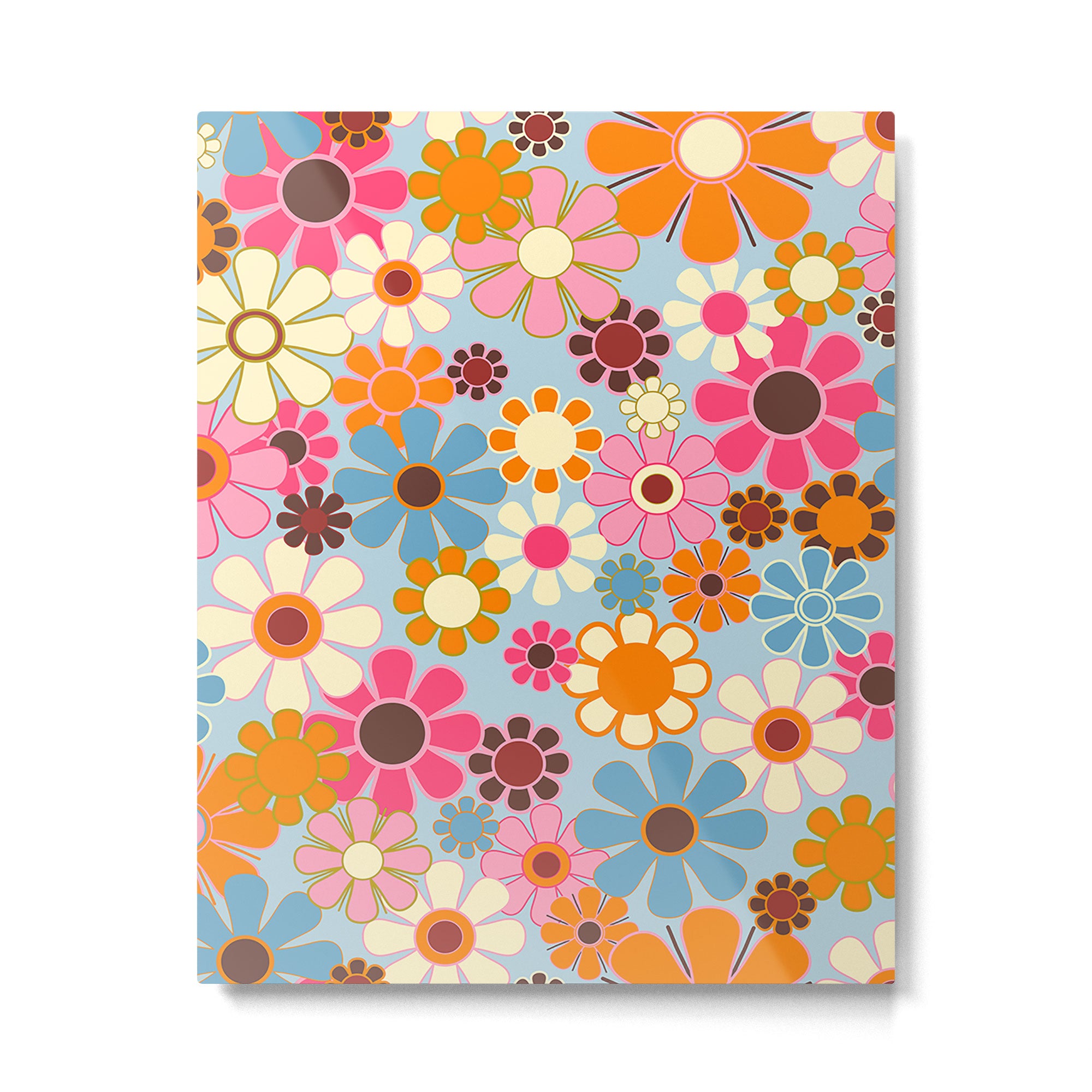 Cheerful Floral Retro Garden 60s 70s Pattern in Ice Blue Orange Pink Metal Print Gallery Image 6