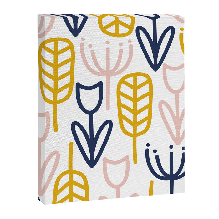 Cheerful Garden Minimalist Botanical Pattern in Mustard, Blush Pink, Navy Blue, and White Canvas Print Gallery Image 1