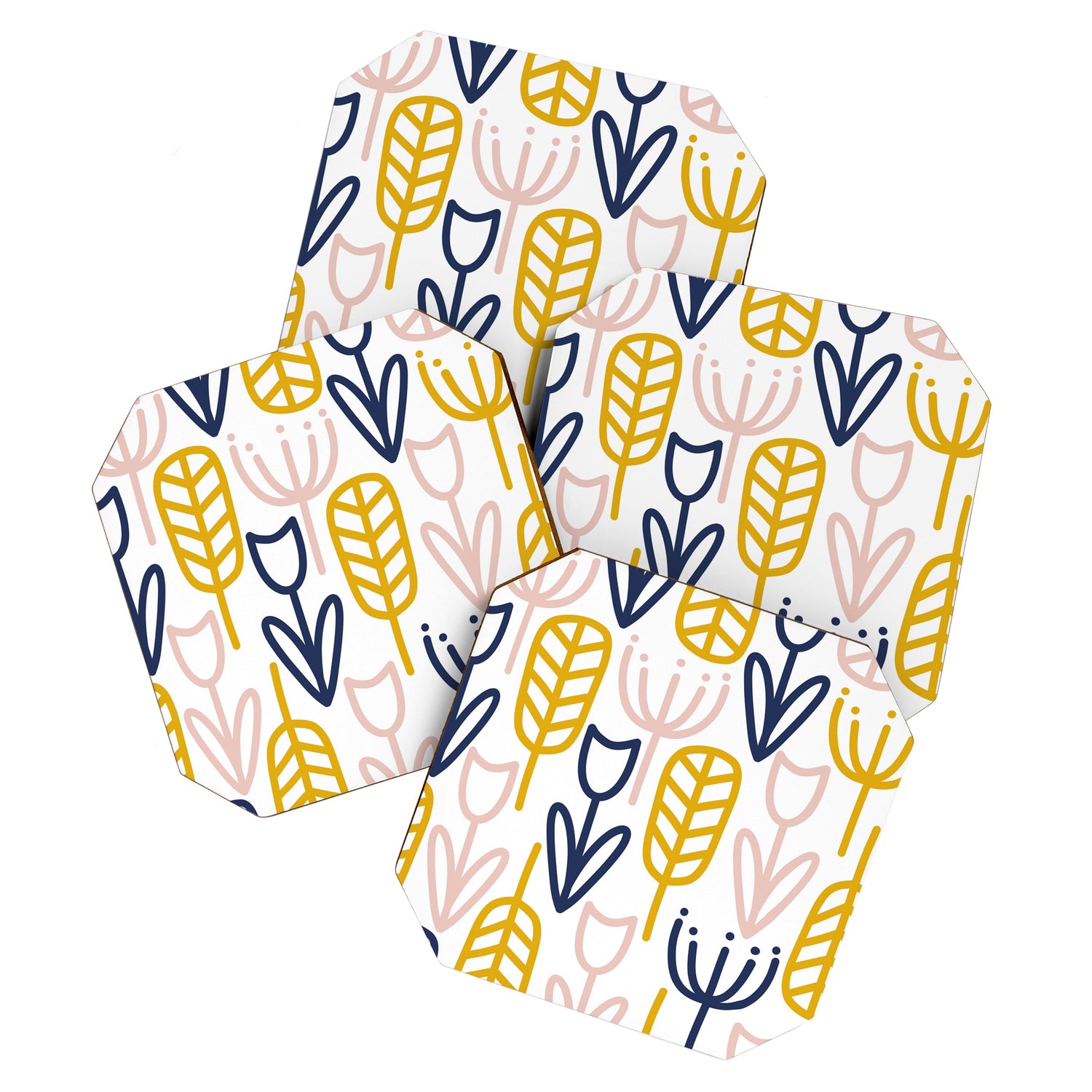 Cheerful Garden Minimalist Botanical Pattern in Mustard, Blush Pink, Navy Blue, and White Coaster Gallery Image 1