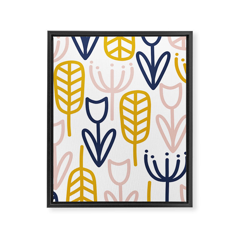 Cheerful Garden Minimalist Botanical Pattern in Mustard, Blush Pink, Navy Blue, and White Framed Canvas Print Gallery Image 8