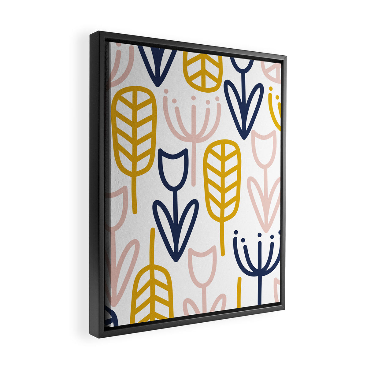 Cheerful Garden Minimalist Botanical Pattern in Mustard, Blush Pink, Navy Blue, and White Framed Canvas Print Gallery Image 2