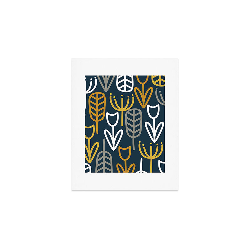 Cheerful Garden Minimalist Pattern in Light Mustard, Dark Mustard, White, Gray, and Navy Blue Art Print Gallery Image 1
