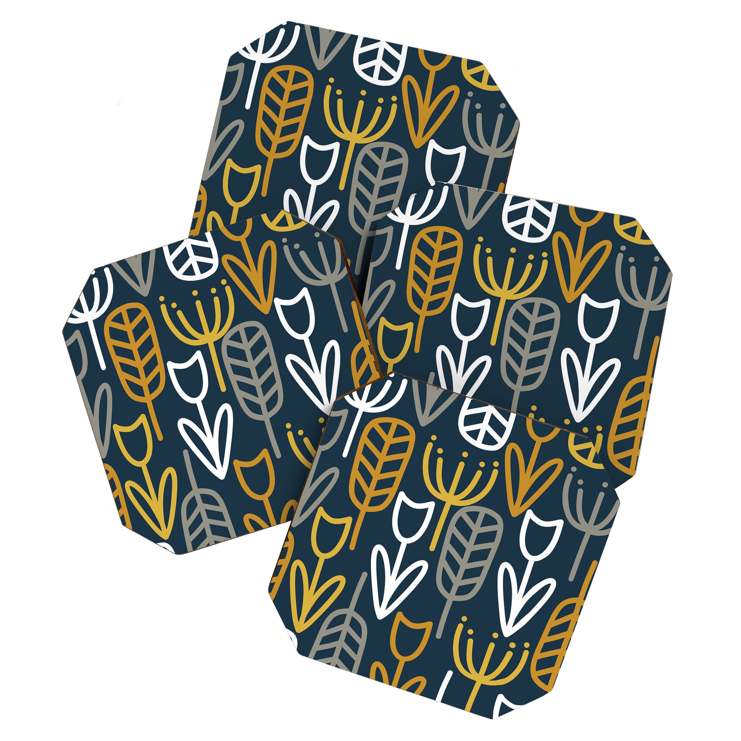 Cheerful Garden Minimalist Pattern in Light Mustard, Dark Mustard, White, Gray, and Navy Blue Coaster Gallery Image 1
