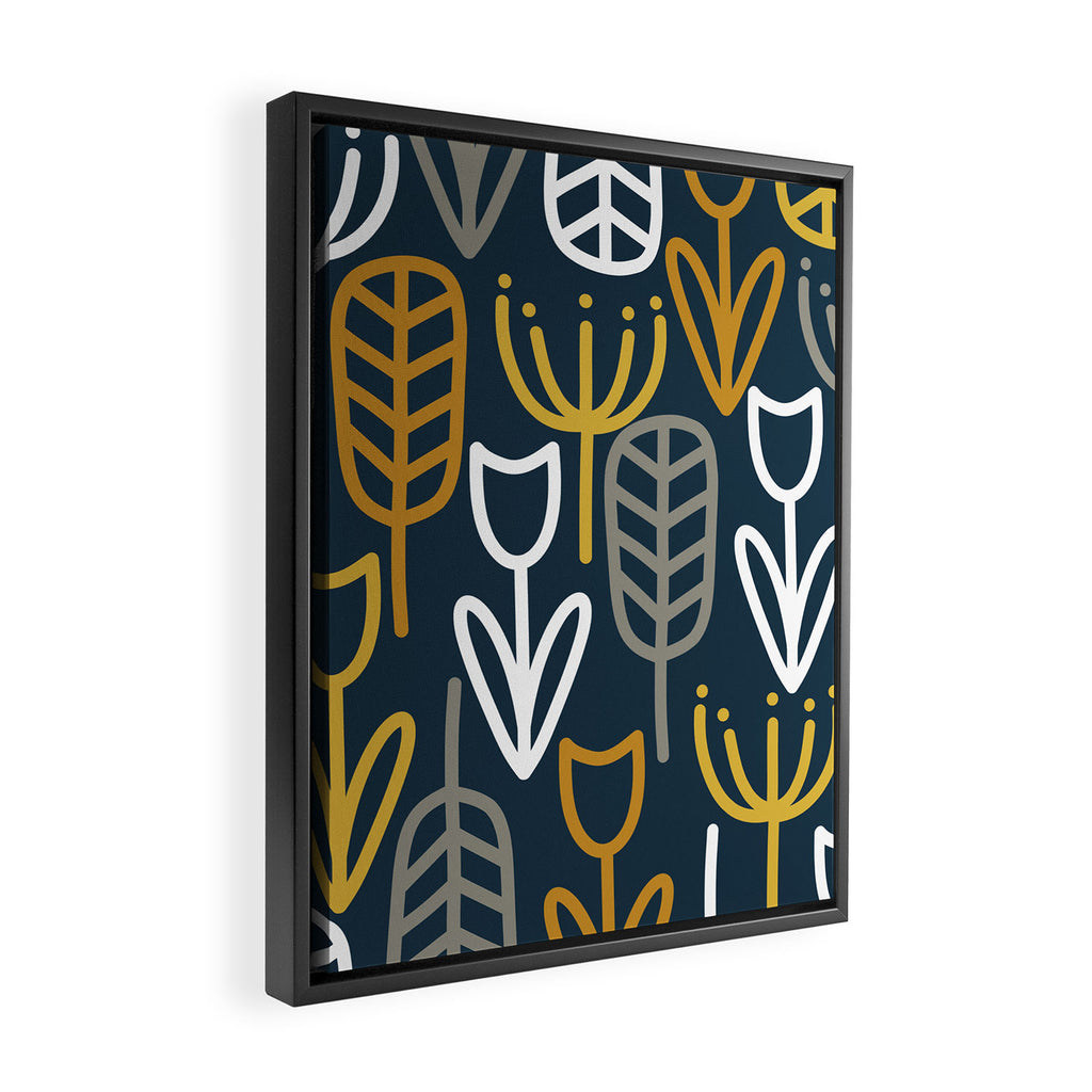 Cheerful Garden Minimalist Pattern in Light Mustard, Dark Mustard, White, Gray, and Navy Blue Framed Canvas Print Gallery Image 2
