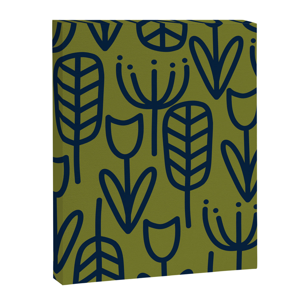 Cheerful Garden Minimalist Retro Botanical Pattern in Navy Blue and Mid Mod Olive Green Canvas Print Gallery Image 8