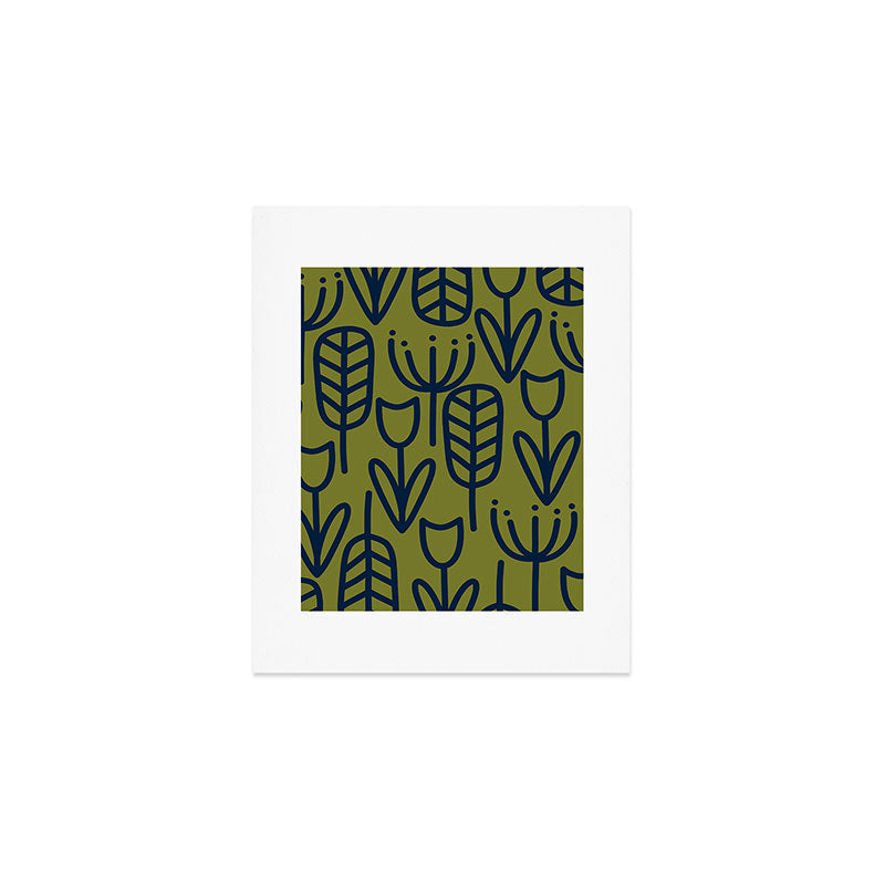 Cheerful Garden Minimalist Retro Botanical Pattern in Navy Blue and Mid Mod Olive Green Art Print Gallery Image 1