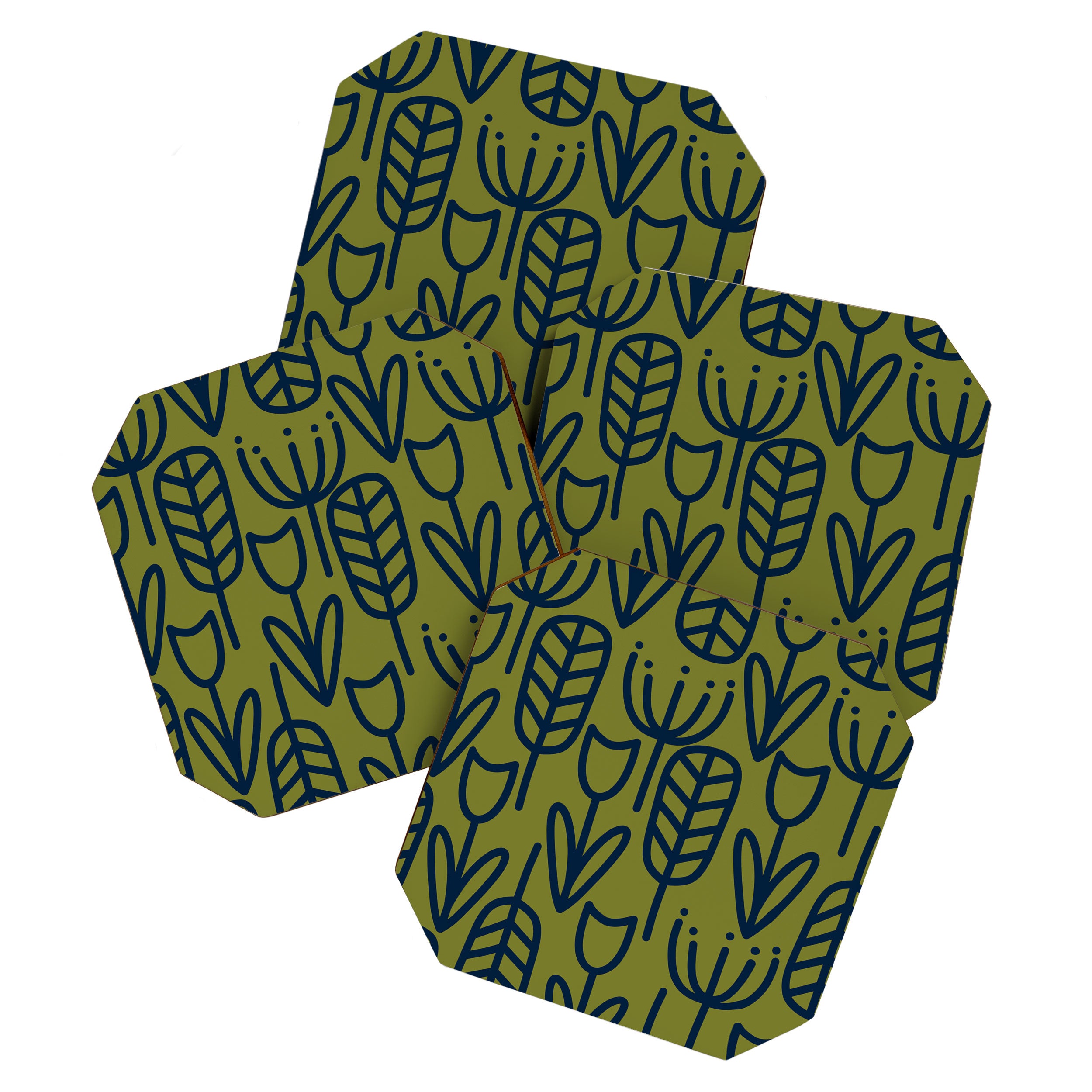 Cheerful Garden Minimalist Retro Botanical Pattern in Navy Blue and Mid Mod Olive Green Coaster Gallery Image 1