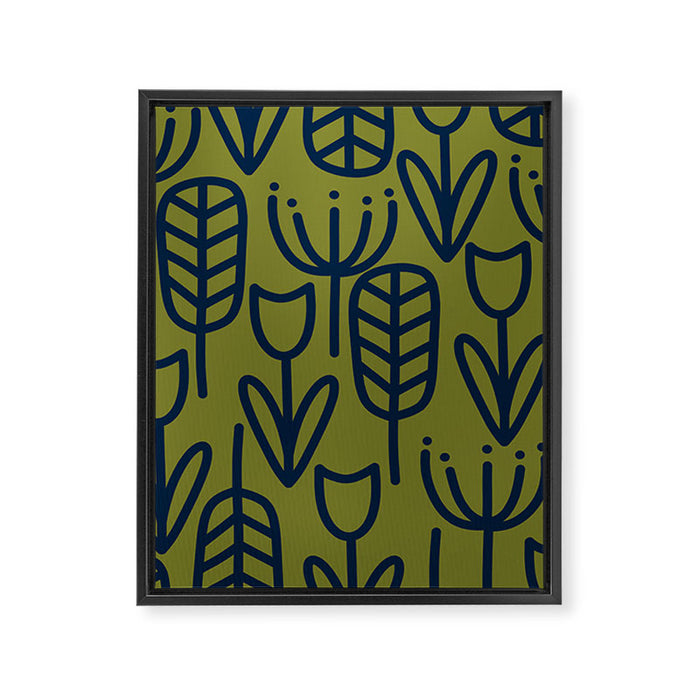 Cheerful Garden Minimalist Retro Botanical Pattern in Navy Blue and Mid Mod Olive Green Framed Canvas Print Gallery Image 1