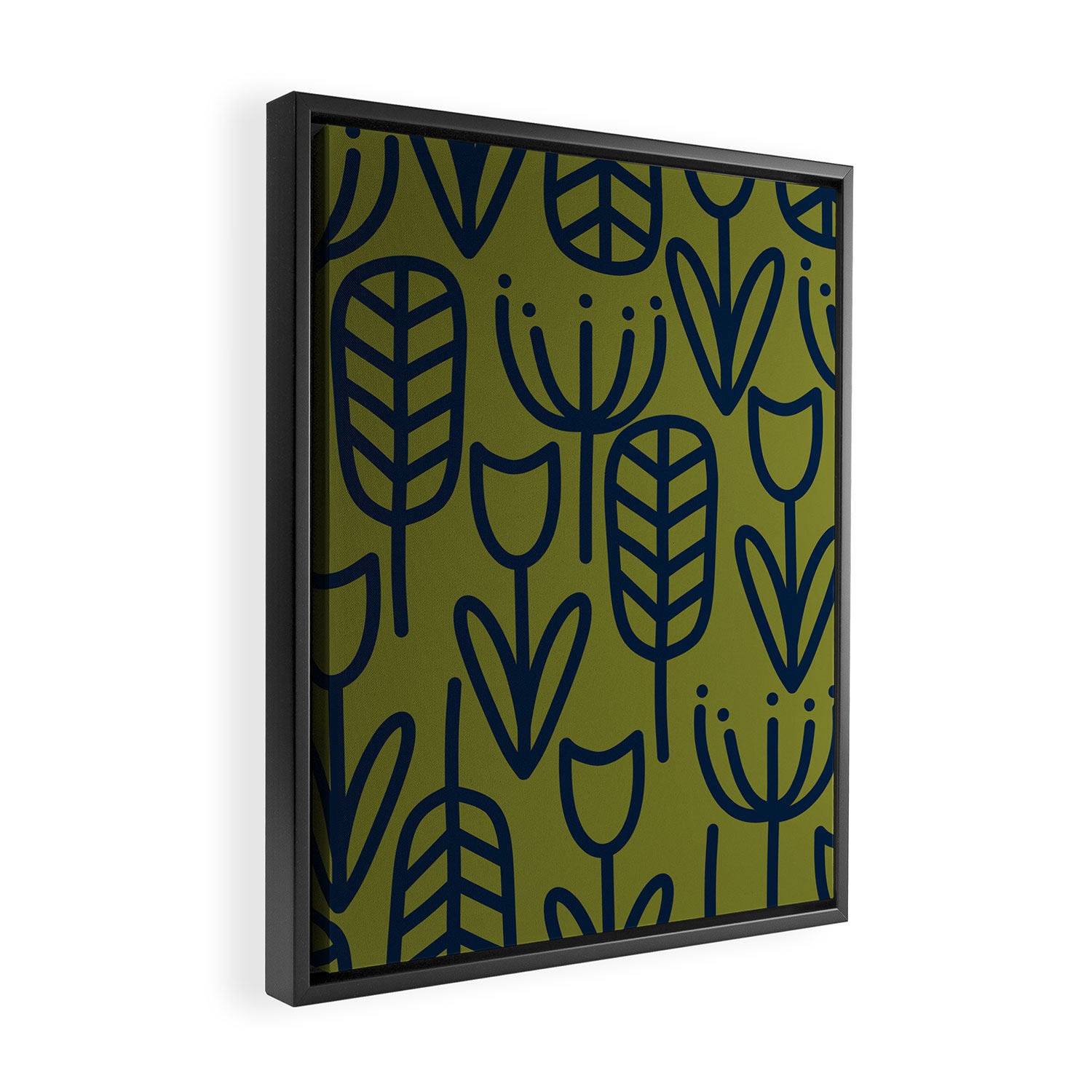 Cheerful Garden Minimalist Retro Botanical Pattern in Navy Blue and Mid Mod Olive Green Framed Canvas Print Gallery Image 2