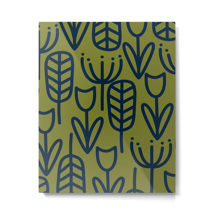 Cheerful Garden Minimalist Retro Botanical Pattern in Navy Blue and Mid Mod Olive Green Metal Print Gallery Image 1