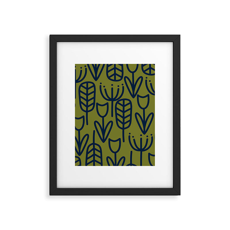 Cheerful Garden Minimalist Retro Botanical Pattern in Navy Blue and Mid Mod Olive Green Framed Art Print Gallery Image 4