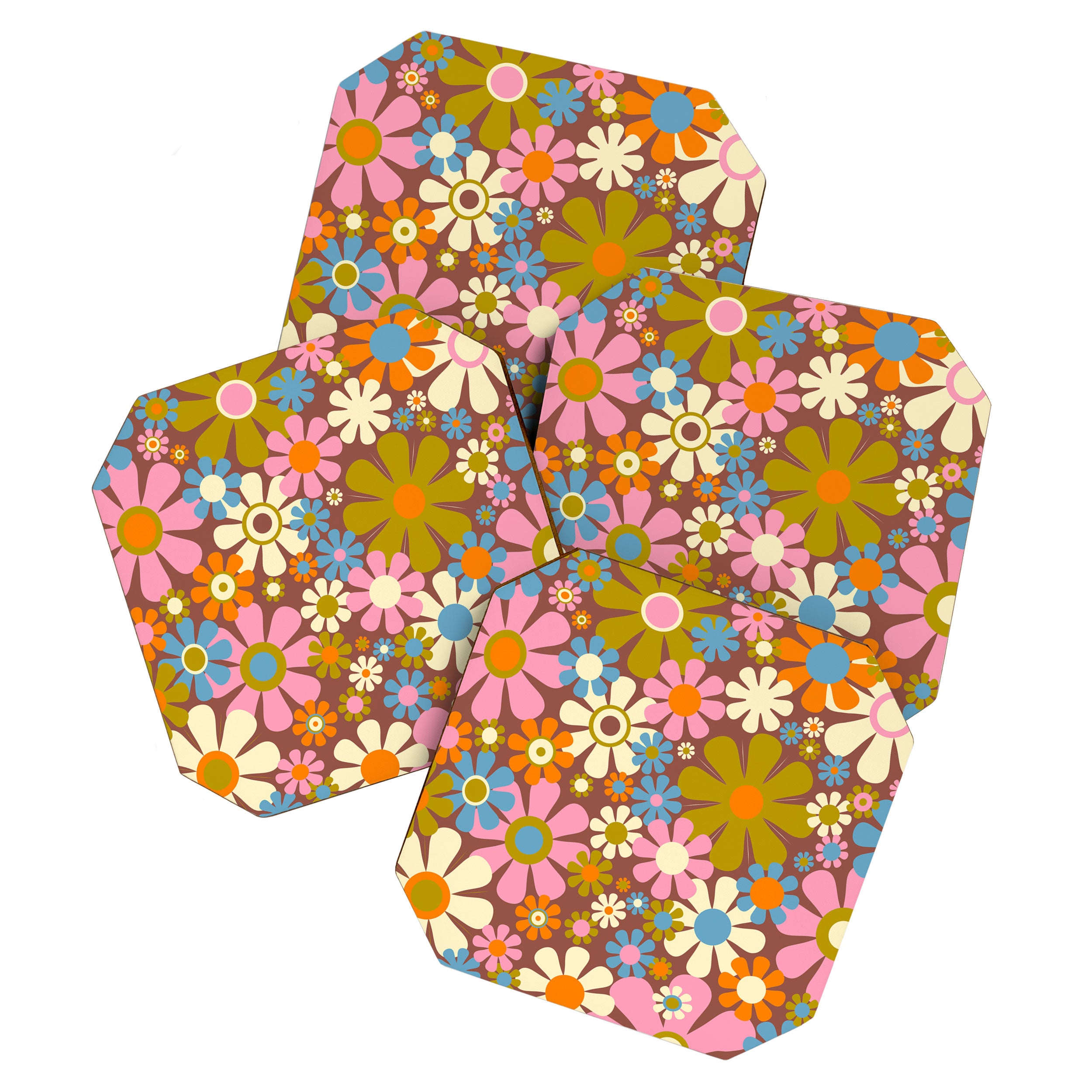 Cheerful Groovy Retro Garden Flowers 60s 70s Floral Pattern Coaster Gallery Image 1