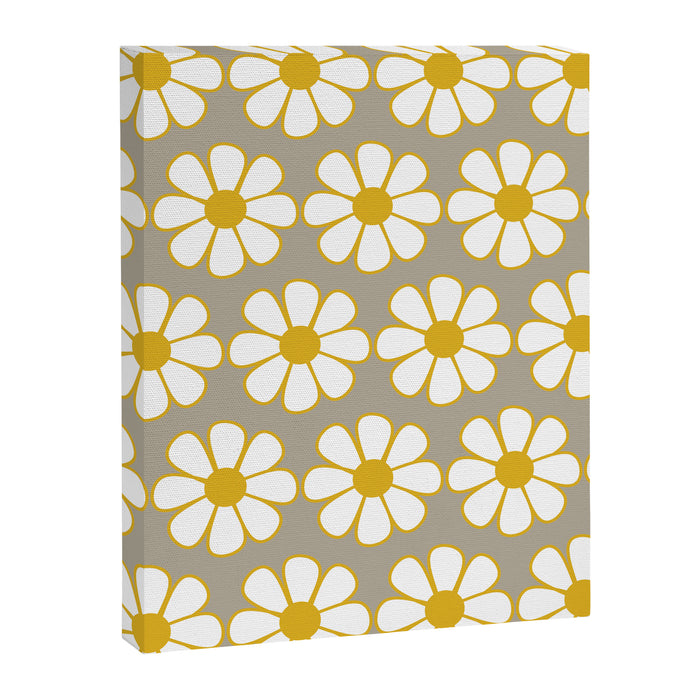 Cheerful Retro Daisy Floral Pattern in Mustard Gold and Gray Canvas Print Gallery Image 1