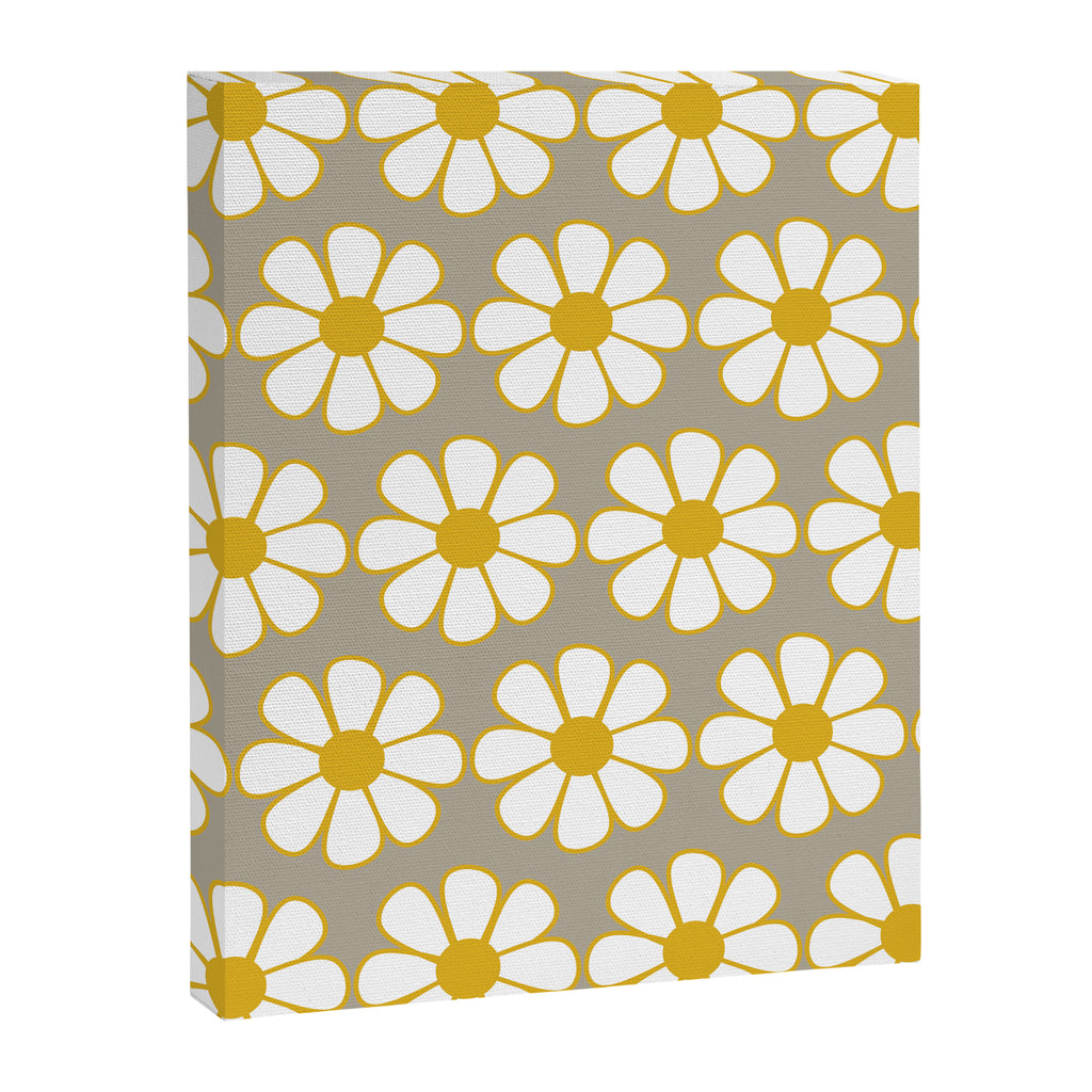 Cheerful Retro Daisy Floral Pattern in Mustard Gold and Gray Canvas Print Gallery Image 8