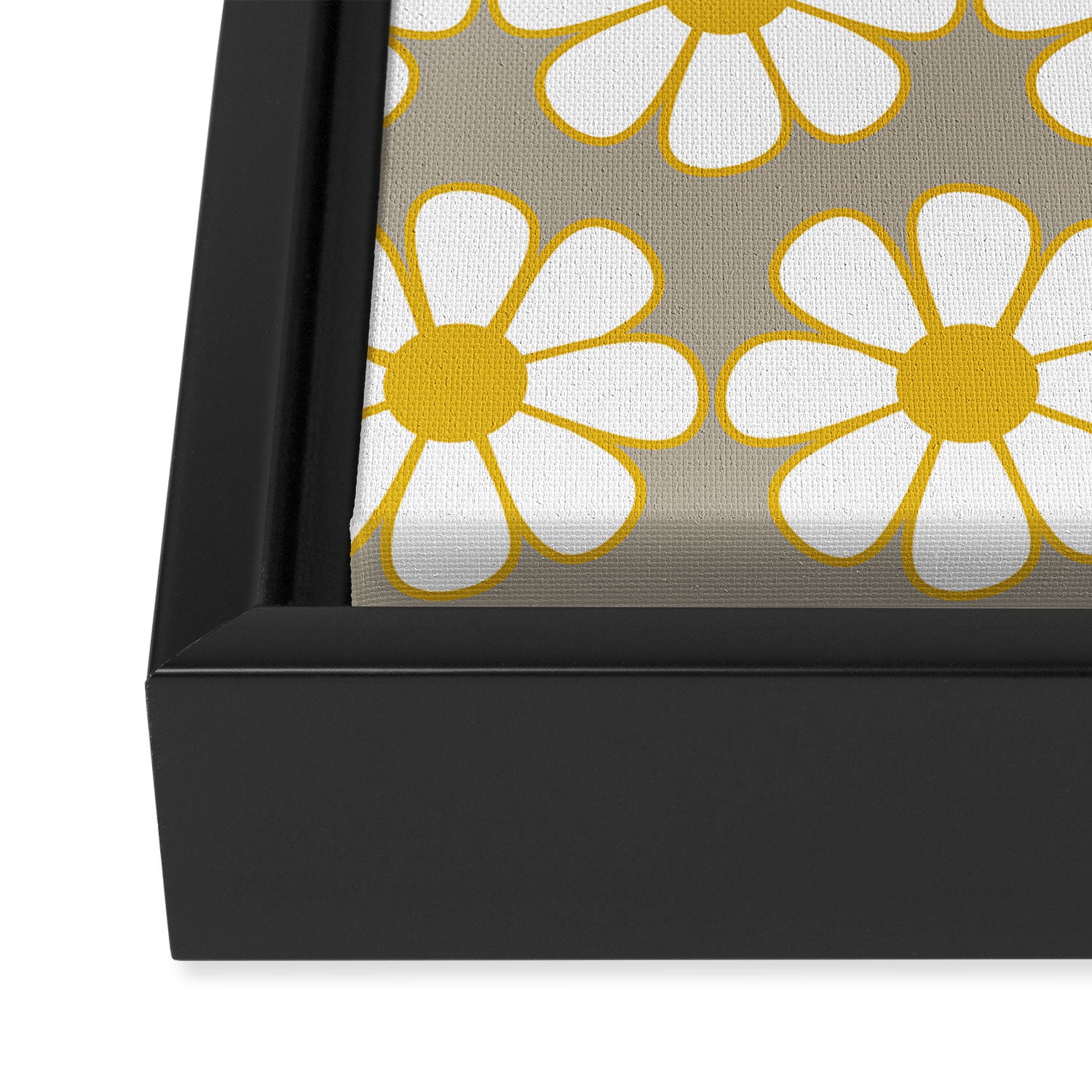Cheerful Retro Daisy Floral Pattern in Mustard Gold and Gray Framed Canvas Print Gallery Image 3